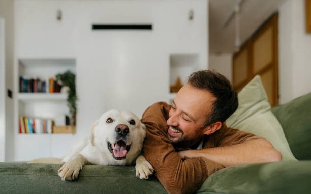 "Man cuddling with his dog in the living room | PetNatureHub"