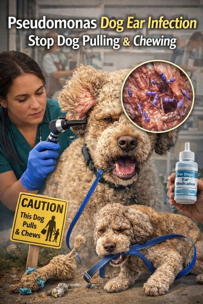 Pseudomonas Dog Ear Infection causing pain, behavioral issues, and difficulty to stop dog pulling and chewing