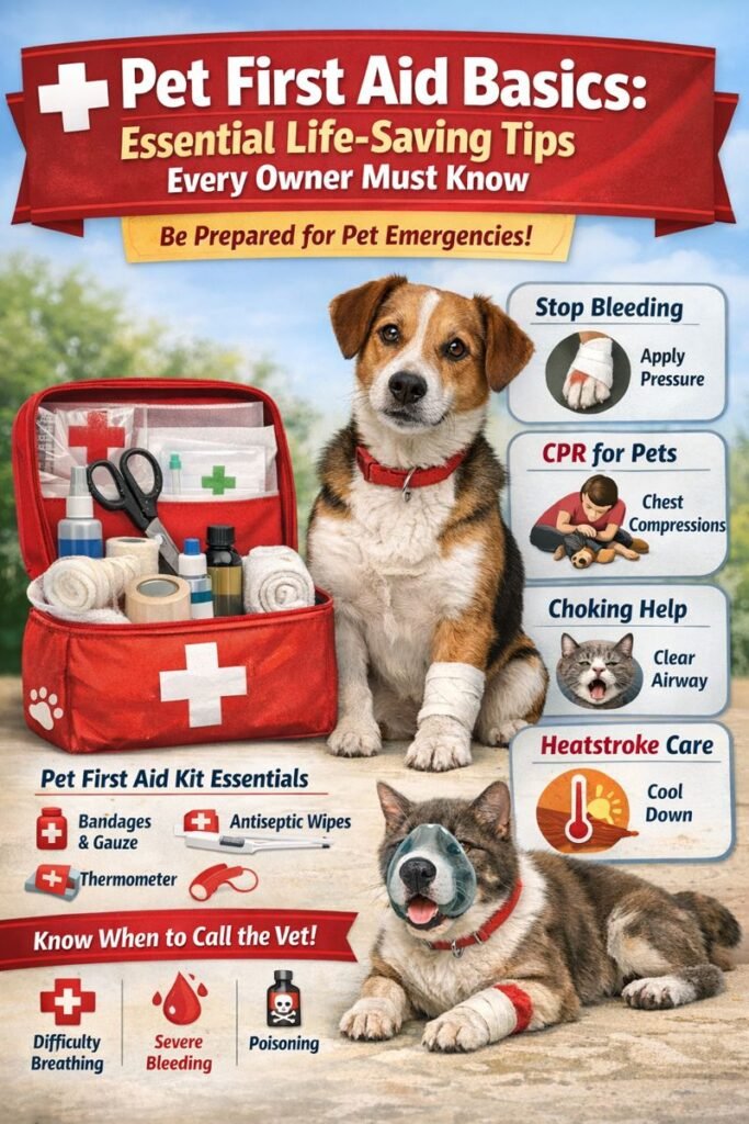 Pet first aid basics guide showing emergency care tips for dogs and cats