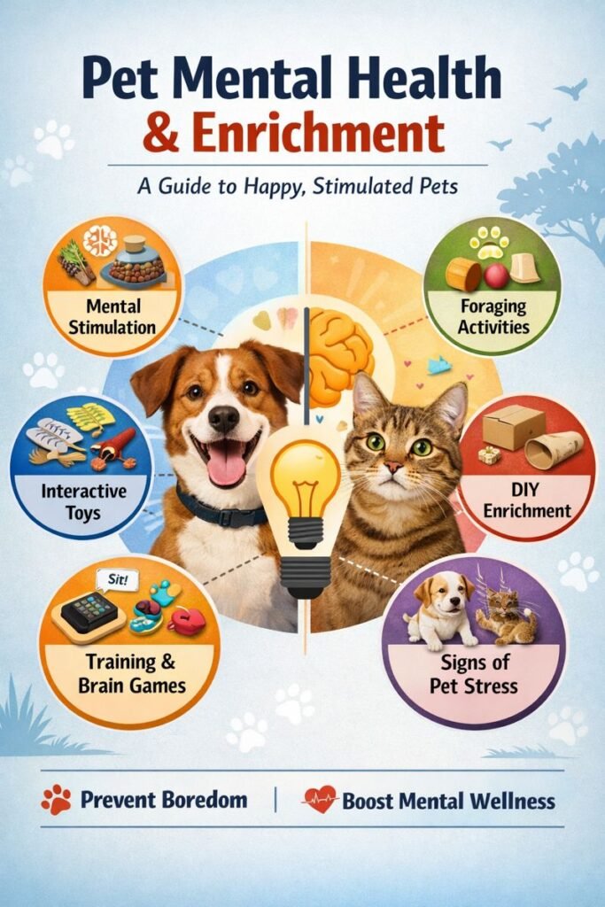 Pet mental health and enrichment activities showing dog and cat with puzzle toys, brain games, and mental stimulation