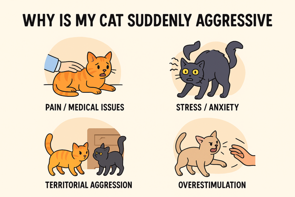 Infographic showing why a cat suddenly becomes aggressive, including pain/medical issues, stress/anxiety, territorial aggression indoors, and overstimulation.