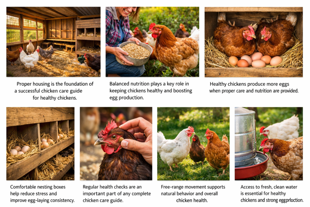 chicken care guide showing clean and well ventilated chicken coop