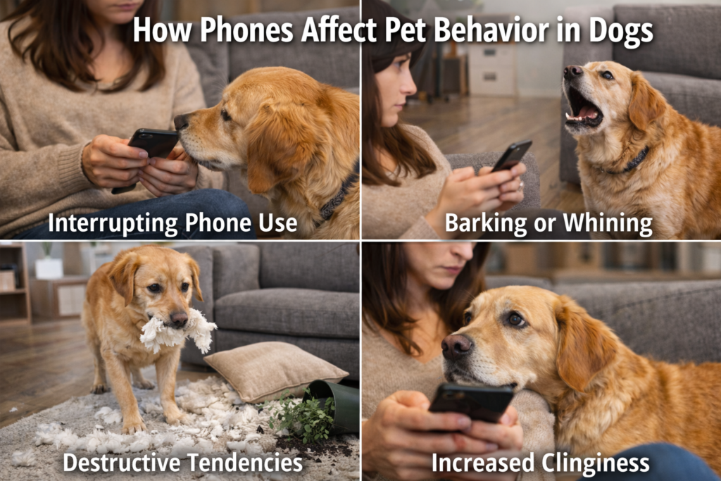“Phones affect pet behavior as a dog and a cat sit ignored while their owner is focused on a smartphone.”
