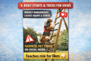"A dog attempting a risky stunt by climbing a wooden ladder outdoors, with warning signs and social media icons highlighting the dangers of harmful pet trends for likes and views."