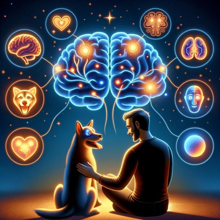 “Phones affect pet behavior as a dog and a cat sit ignored while their owner is focused on a smartphone.”