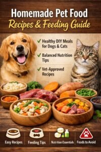 Homemade pet food recipes and feeding guide showing healthy meals for dogs and cats