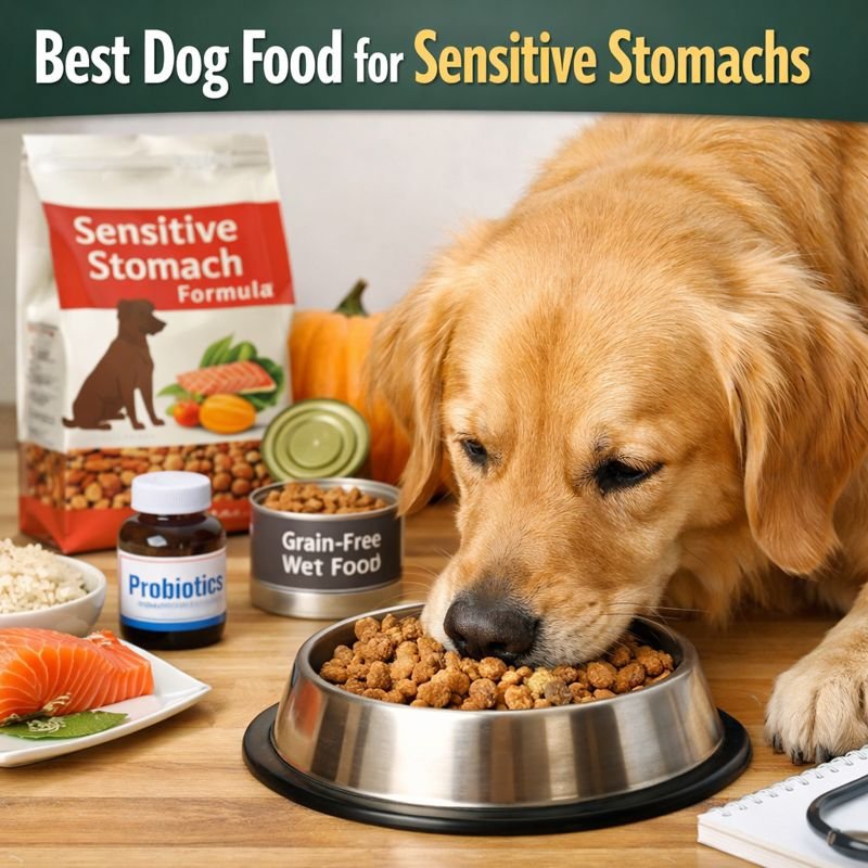 Golden retriever eating sensitive stomach dog food from a bowl, illustrating the best dog food for sensitive stomachs with probiotics and grain-free ingredients.
