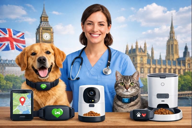 UK veterinarian with a dog and cat using smart devices including GPS trackers, AI pet cameras, and smart feeders — illustrating pet tech UK trends 2026.