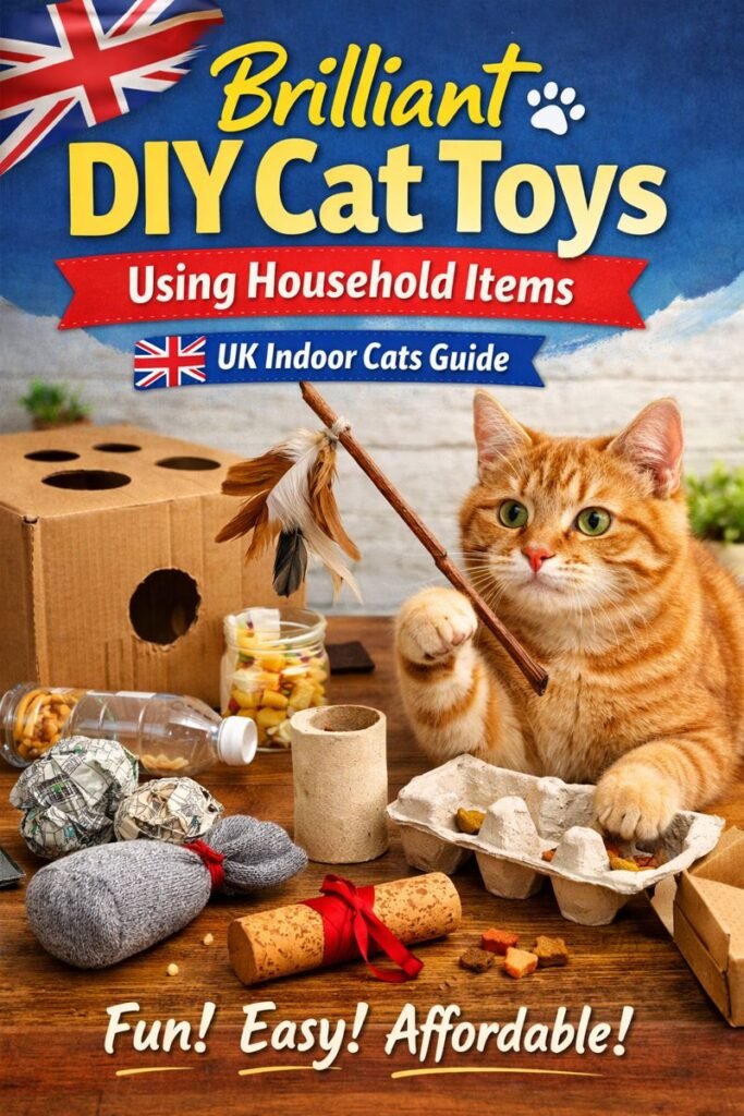 Ginger cat playing with DIY cat toys made from UK household items including cardboard tubes, egg cartons, and paper, indoor enrichment setup.