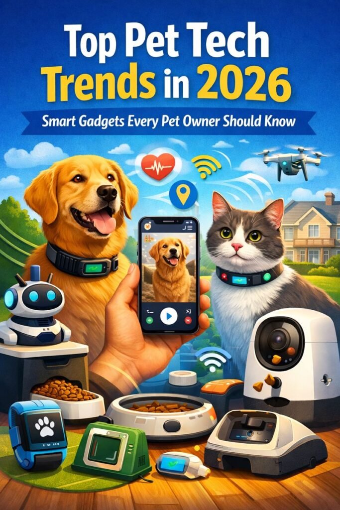 Top pet tech trends in 2026 featuring smart pet gadgets like GPS trackers, smart feeders, pet cameras, and wearable technology for dogs and cats