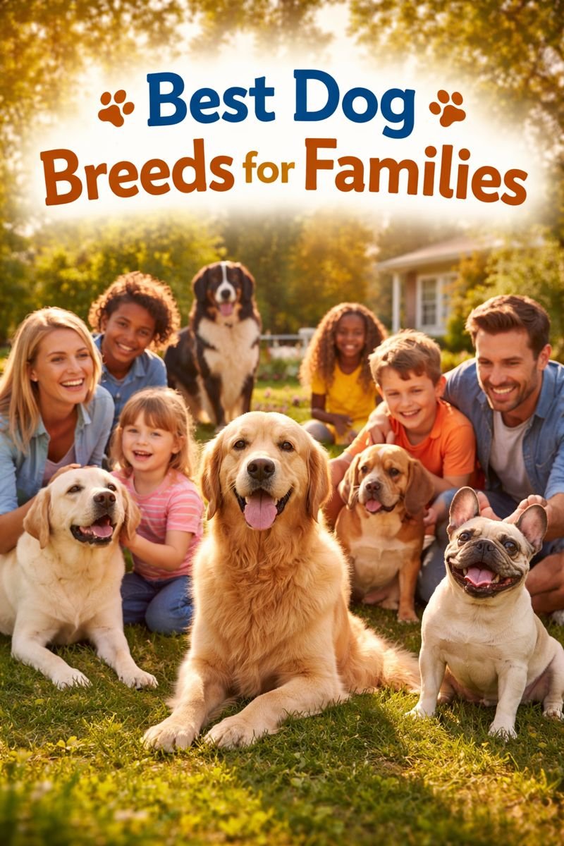 Best dog breeds for families playing happily with children in a garden, including Labrador, Golden Retriever, Beagle, Bulldog, Poodle, and Boxer