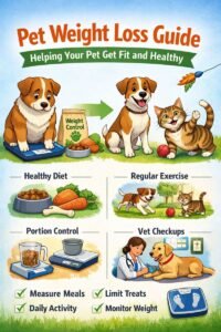 Pet weight loss guide showing healthy diet, exercise, portion control, and vet checkups for dogs and cats