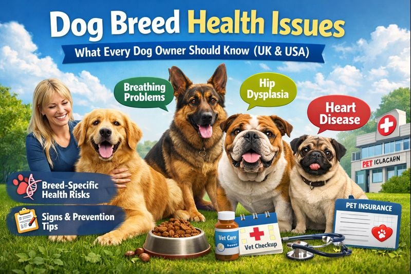 Dog breed health issues shown in popular dog breeds with common problems like breathing issues, hip dysplasia, and heart disease