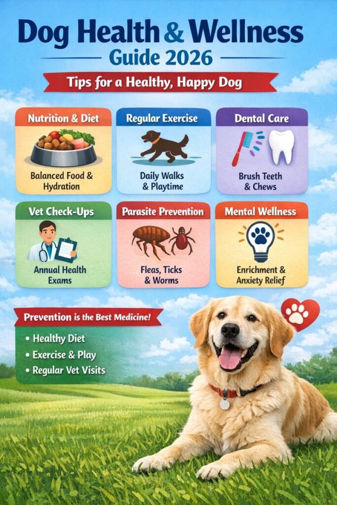 "Dog Health & Wellness infographic featuring key health tips for dogs including diet, exercise, dental care, vet checks, parasite prevention, and mental wellness."