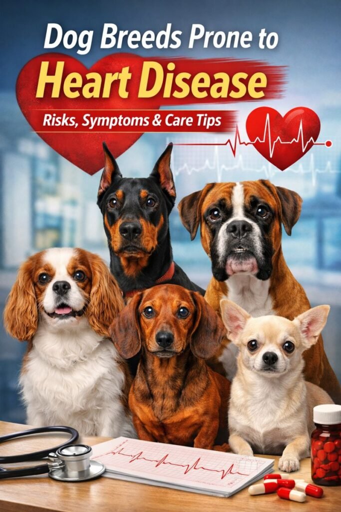Dog breeds prone to heart disease including Cavalier King Charles Spaniel, Doberman, Boxer, Dachshund and Chihuahua with heart health visuals