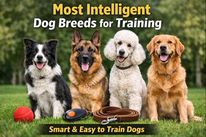 Most intelligent dog breeds for training sitting in a park including Border Collie, German Shepherd, Poodle and Golden Retriever