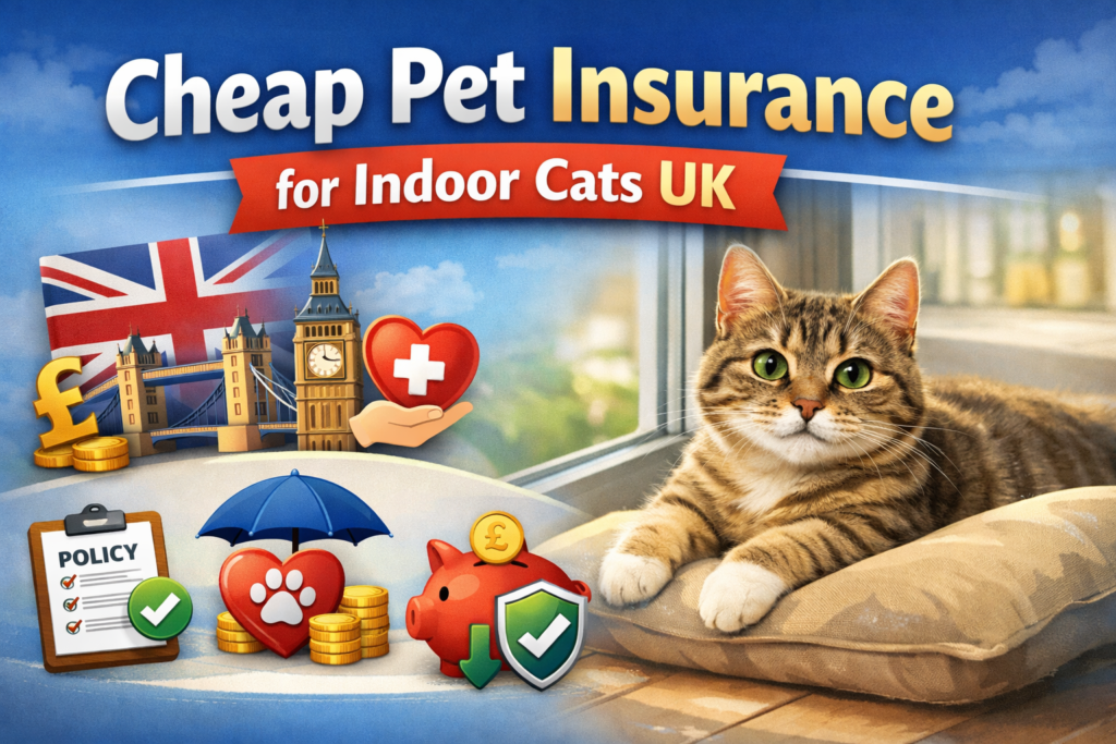 cheap pet insurance for indoor cats UK showing a healthy indoor cat with affordable insurance icons