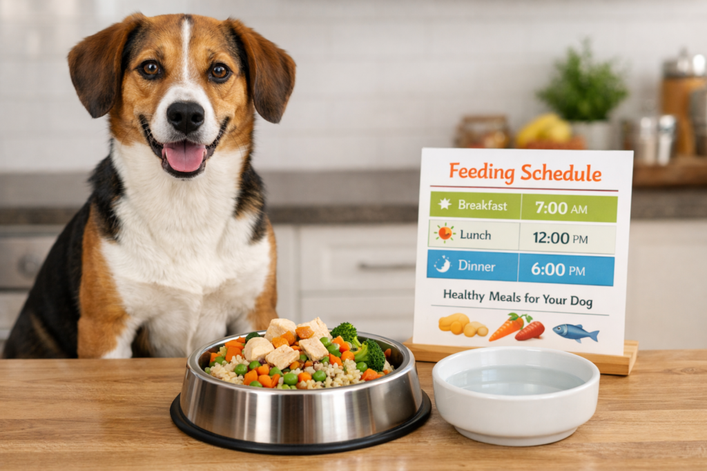 daily nutrition routine for dogs showing healthy homemade meals and portion control