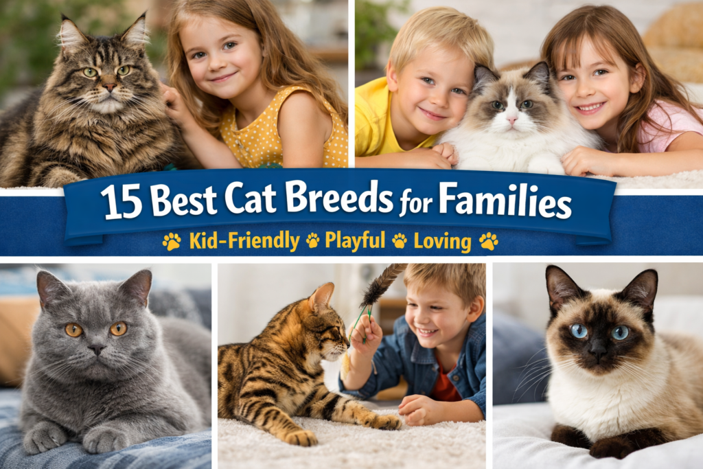 Best Cat Breeds for Families happy kids playing with friendly indoor cats including Maine Coon, Ragdoll, and British Shorthair in a cozy home environment