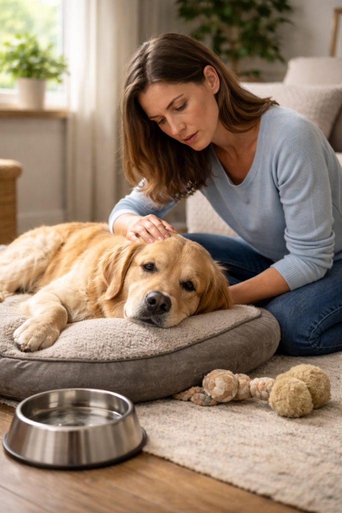 signs your dog is sick dog lying tired while owner checks health