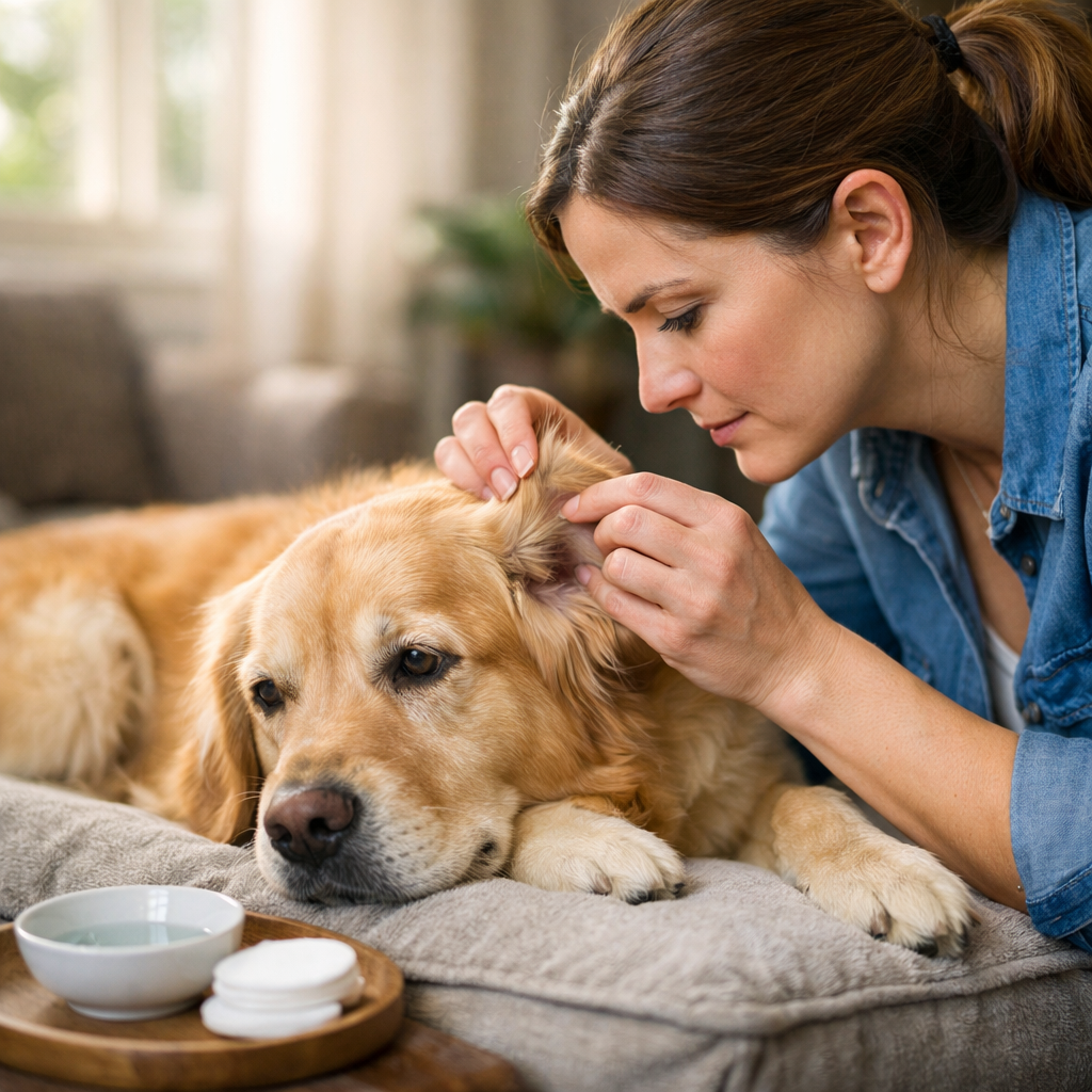 dog ear infection symptoms – dog lying calmly while owner checks ears