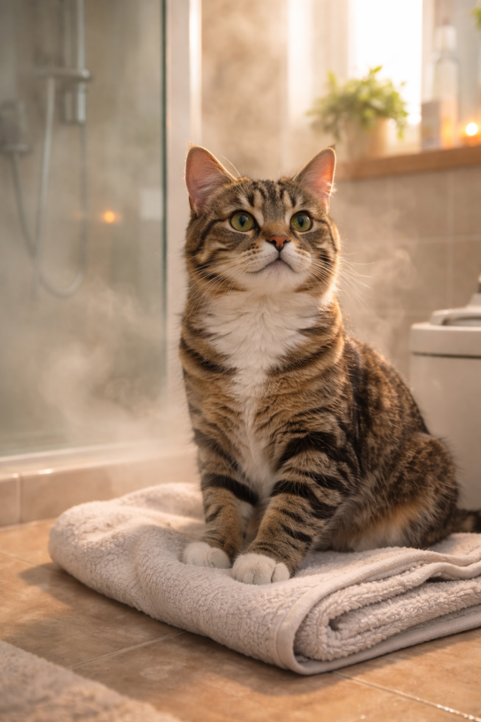 Cat sneezing home treatment using steam therapy in bathroom for natural congestion relief