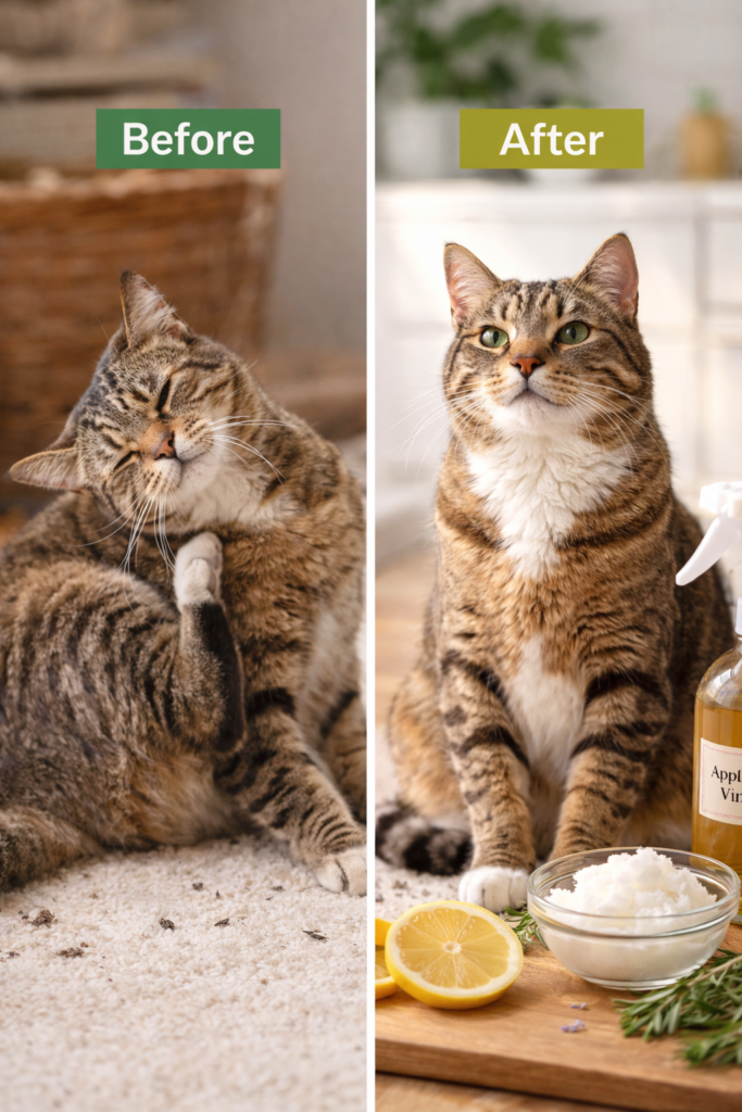Natural flea treatment for cats at home using coconut oil in a calm, clean indoor setting with natural ingredients