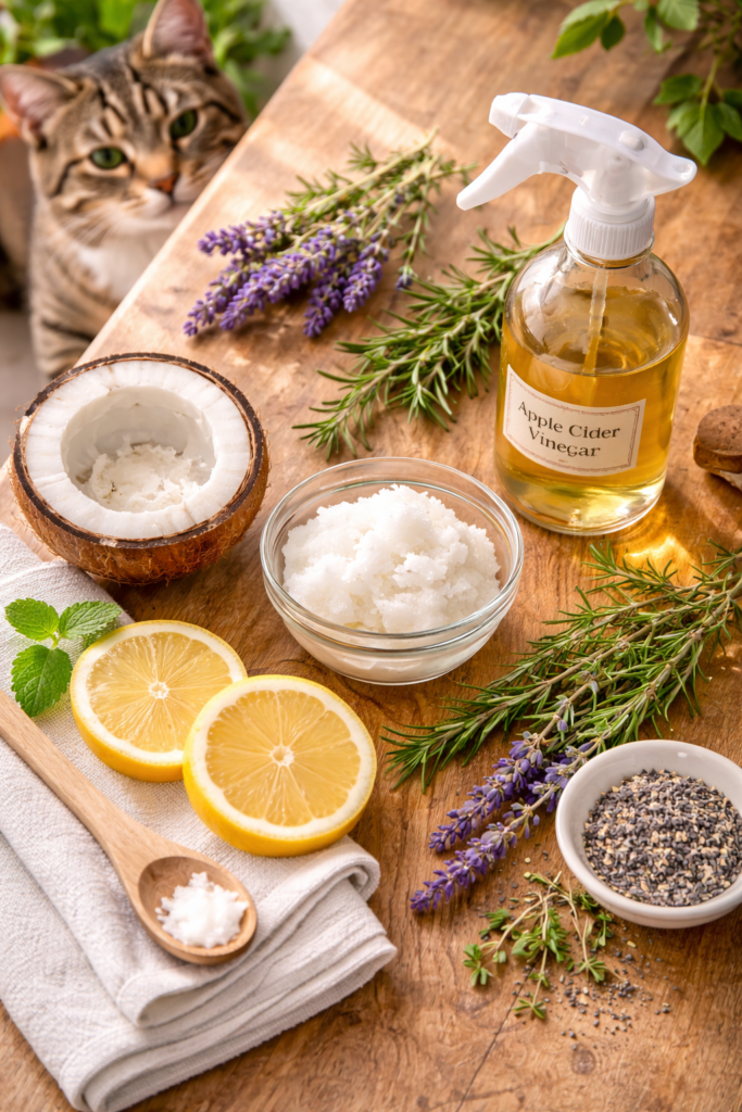 Natural flea treatment for cats at home using coconut oil in a calm, clean indoor setting with natural ingredients