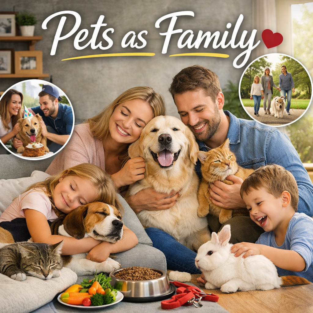 Pets as family concept showing emotional bonding between pets and owners