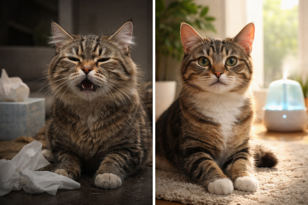 Cat sneezing home treatment with humidifier and clean home environment for healthy recovery